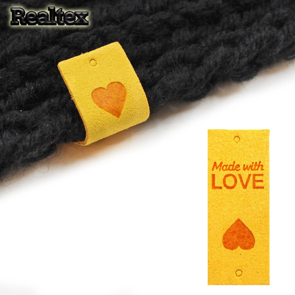 Бирка пришивная замша Realtex №25 "Made with Love" цв.темно-желтый